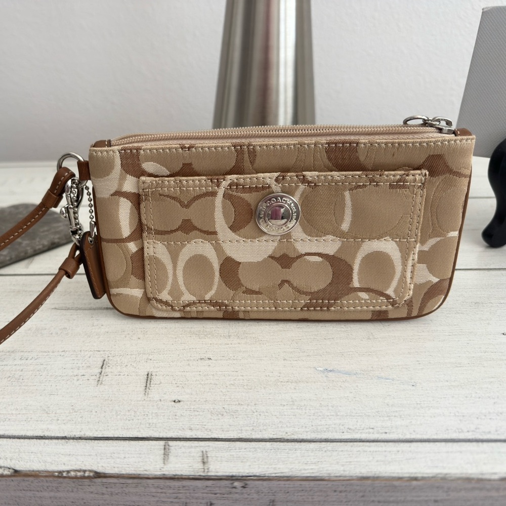 Coach Tan and Brown Signature Wristlet